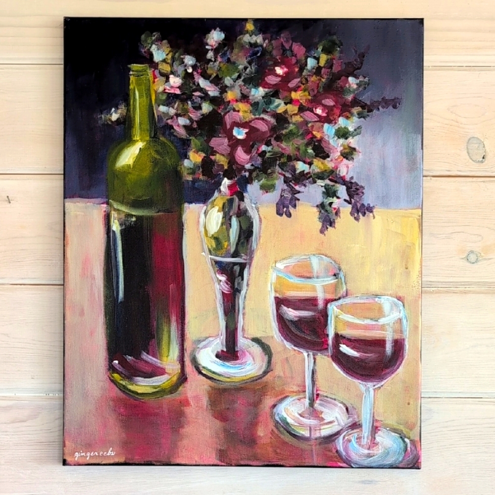 Wine & Floral Tablescape New Original Acrylic Painting Artist Signed Canvas